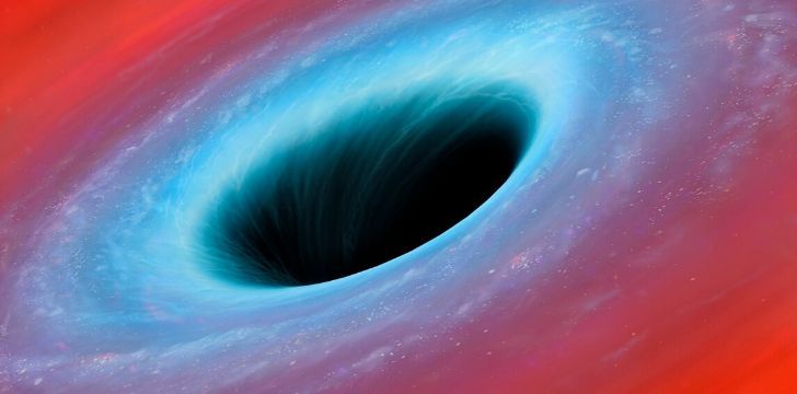 Red and blue swirls with a black hole in the middle