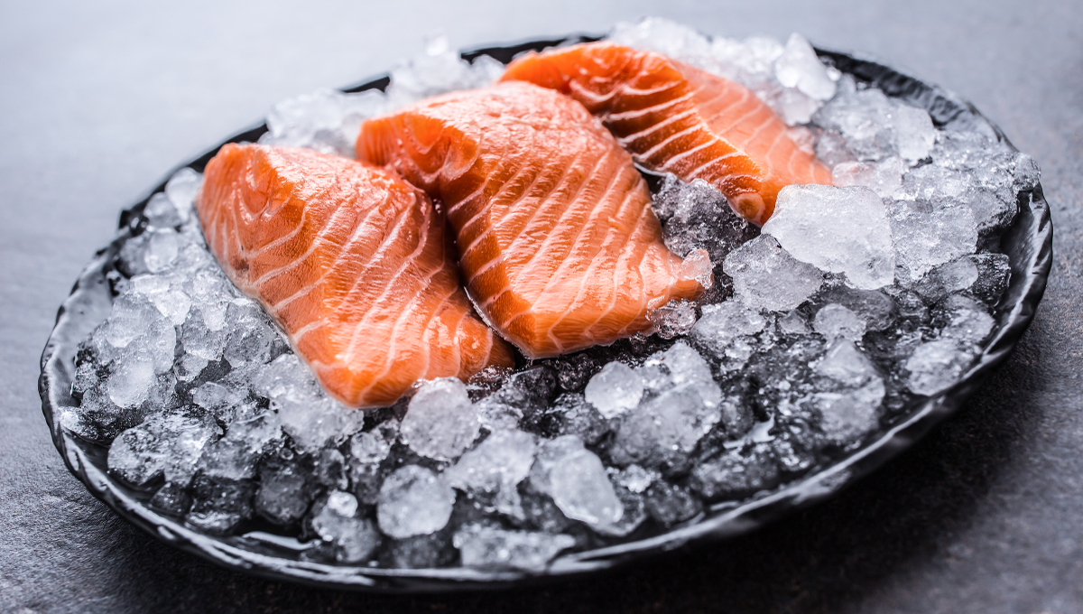 Portioned raw salmon fillets in ice on plate - Close-up.